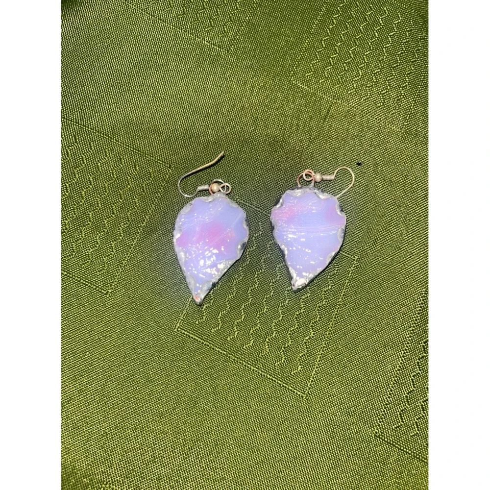 Handmade Stained Glass Teardrop Earrings Pink White Marbled Artisan Dangle